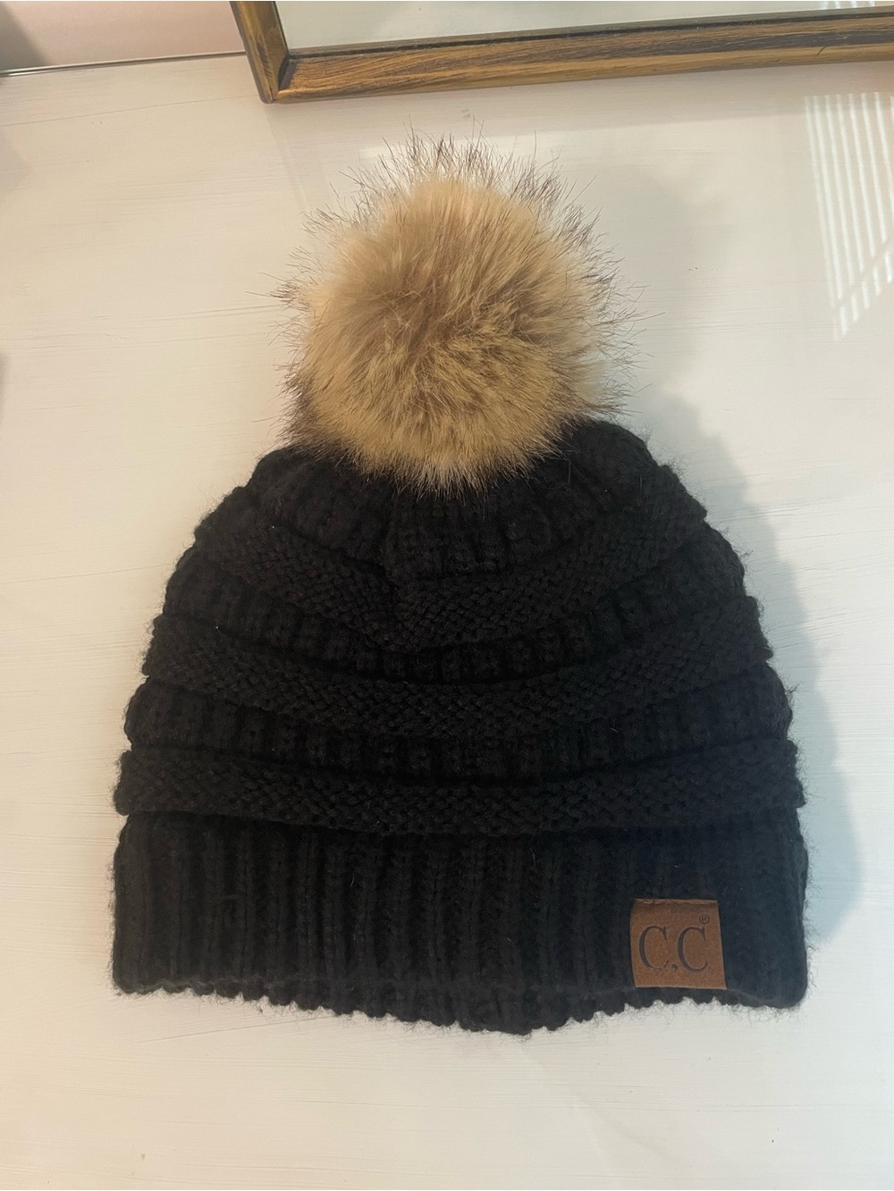 C.C Black Knit Pom Beanie with Faux Fur Pom